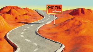 detail from illustration of desert landscape with curving road through it and motel sign