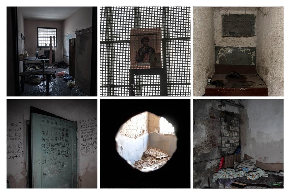 Detention centers in Kherson; Izyum, Kharkiv; and Yagidne, Chernigiv. (Photographs courtesy of the Reckoning Project)