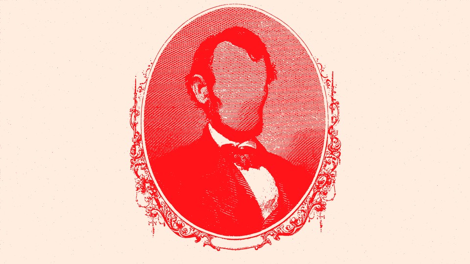 Artwork of a red-tinted portrait of Abraham Lincoln, but his face is blurred