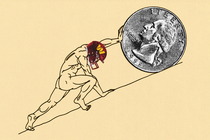 Illustration of Sisyphus in a Washington Commanders helmet rolling a coin up the hill.