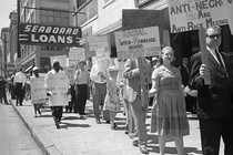 A group of black marchers protesting school-board policies is met by white counterprotesters during a double demonstration in Memphis on August 31, 1963.