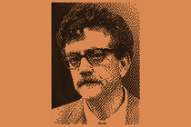 A black stipple portrait of Kurt Vonnegut, over a light-brown background.