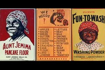 Vintage signage featuring "mammy" images of a Black woman with a scarf head wrapping