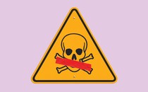 illustration of yellow triangular warning sign with black skull and crossbones and red tape across skull's mouth