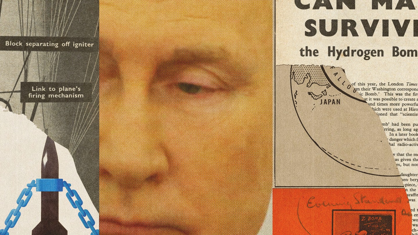 A triptych featuring two clippings about nuclear weapons and a close-up of Vladimir Putin