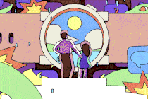 Animation of a father and daughter looking at a watch.