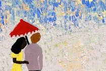 A painting of a man and a woman under an umbrella