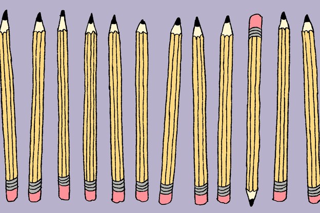 A row of pencils pointing upward, with just one pencil facing down