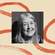 A black-and-white photo of Dame Mary Beard, bordered by an illustration