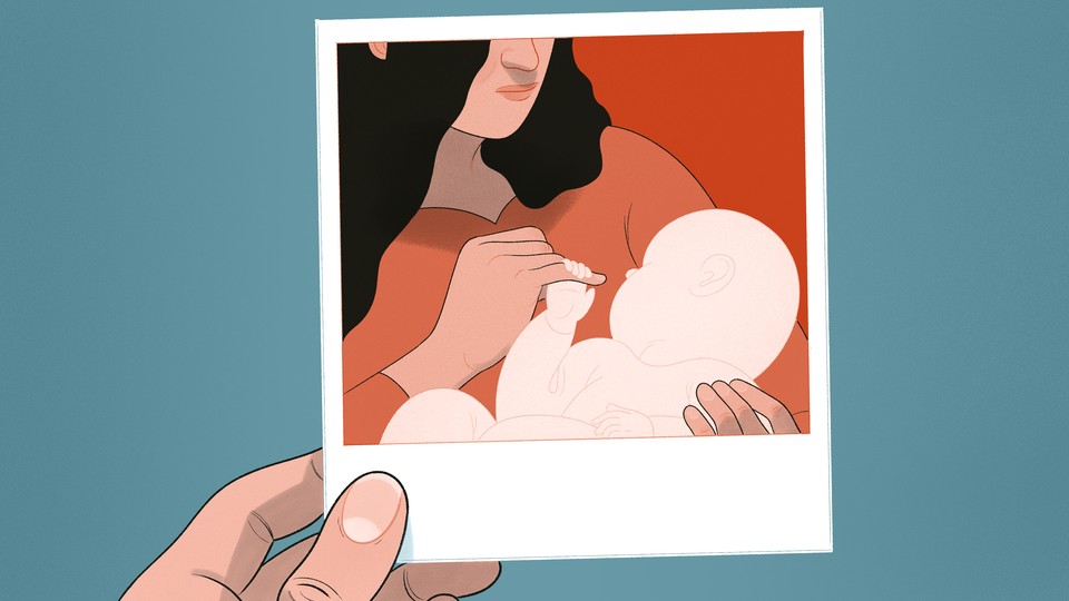 An illustration of a Polaroid photo of a mother holding a baby