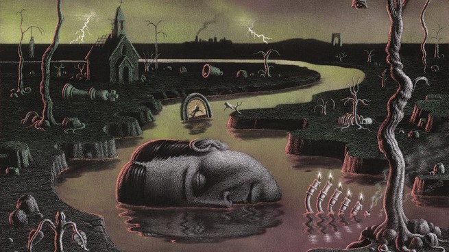 illustration de l'apocalypse avec le visage horizontal de l'homme à moitié submergé dans la rivière