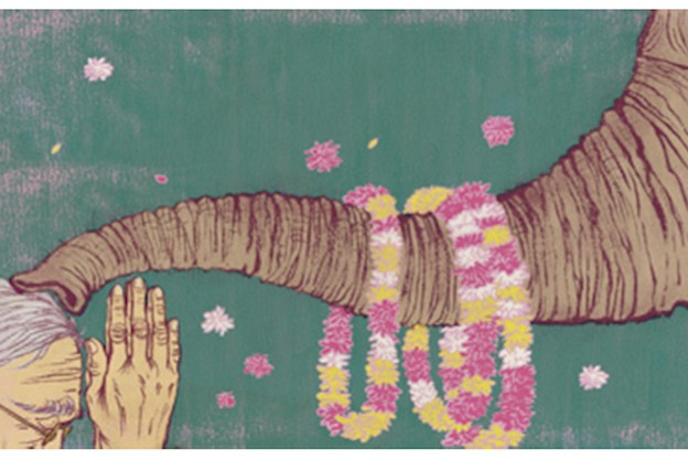 An illustration of an elephant with a wreathed trunk reaching out to the head of an older woman