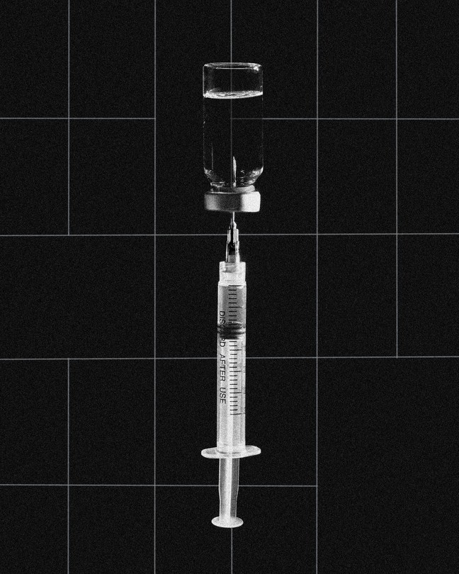 A graphic illustration showing a black-and-white photo of a syringe and a vial over a black-grid background
