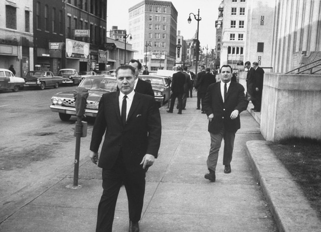 Teamsters President Jimmy Hoffa and his aide Chuckie O'Brien leave the federal courthouse in Chattanooga, Tennessee