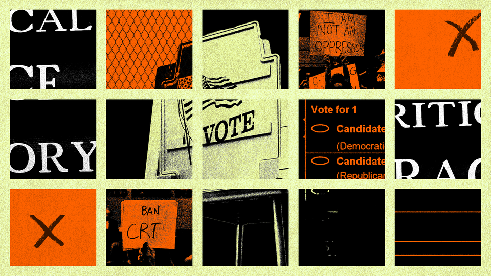 A collage with images of protests against Critical Race Theory, ballots, and voting signs.