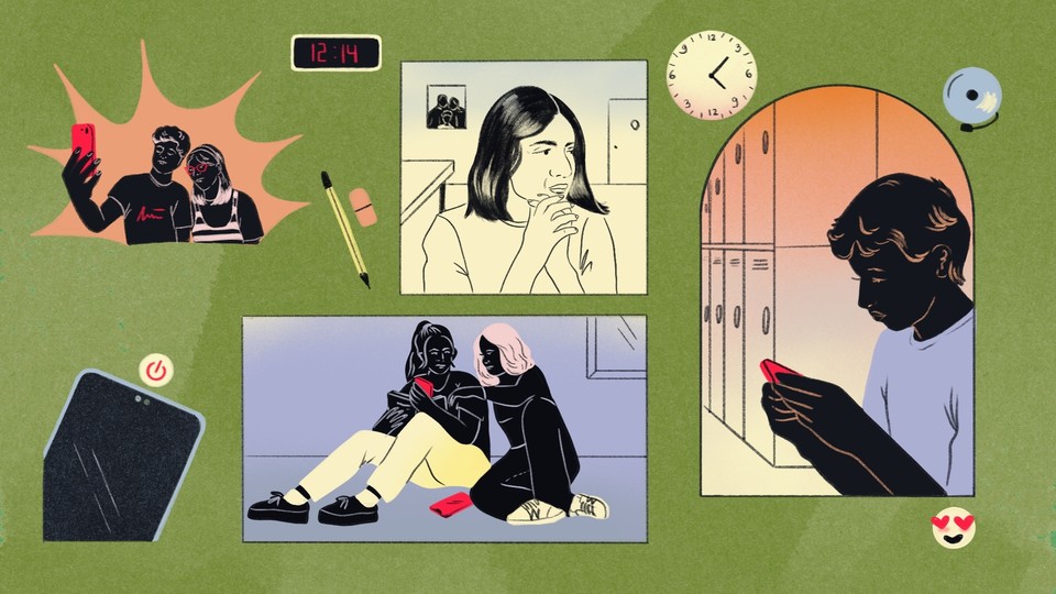 cartoon of parent looking on while kids use phones in school