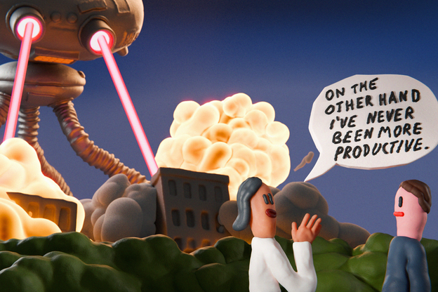 illustration with 2 claymation-style figures in foreground, one saying "On the other hand I've never been more productive," with enormous 3-legged robot destroying city behind them with its laser eyes