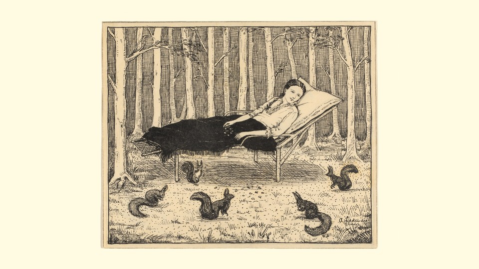 a modern sketch of a woman reclining in a woodland, surrounded by squirrels
