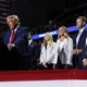 Donald Trump speaks at a campaign event, standing in front of Tiffany Trump, Lara Trump, Eric Trump, and Donald Trump Jr.
