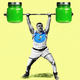 An illustration of a body builder lifting green jars of baby food