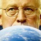 Dick Cheney peering over a globe