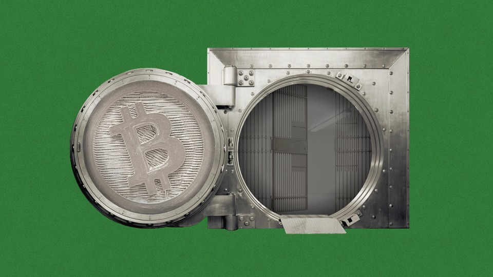 An illustration showing a bank-vault door branded as bitcoin