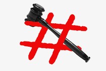 Artwork of a black gavel intertwined with a red hashtag or pound sign.