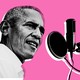 Barack Obama speaking into a microphone against a pink background