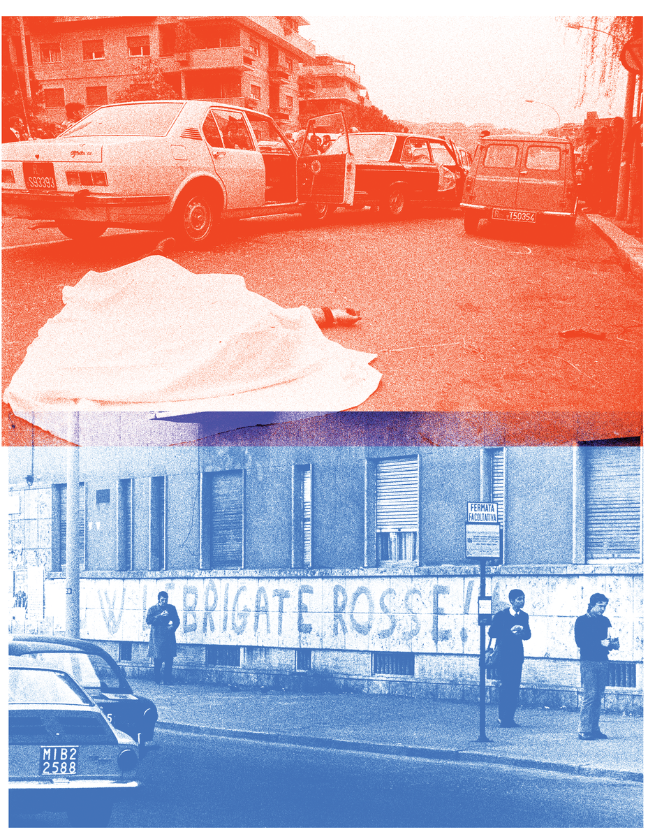 Illustration with 2 archival photos: dead person covered by white sheet lying in street next to car with open doors; people walking on sidewalk past large graffiti on side of building "Brigate Rosse!"