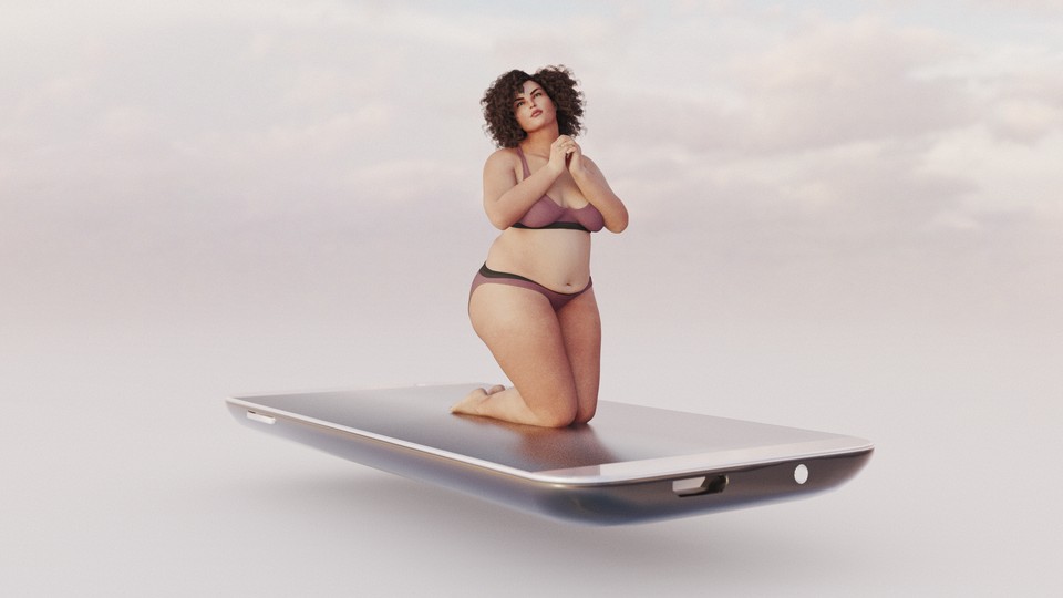 A woman wearing a bra and panties kneels on top of a giant smartphone