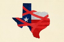 An illustration of the state of Texas, wrapped in red tape.
