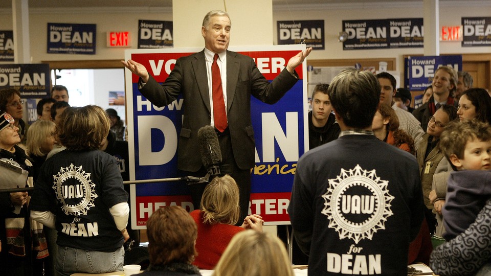 2004 Democratic presidential hopeful former Vermont Gov. Howard Dean speaks to staff and volunteers at the local Dean for America headquarters in Milford, N.H.