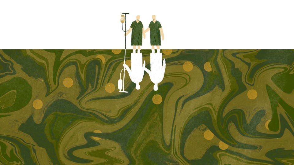 An illustration of two men in hospital gowns, one with an IV in his arm. They are small and standing atop an enormous murky sea. Reflected beneath them are their silhouettes, cut out in white.