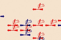 An illustration of red and blue hands writing with a pencil