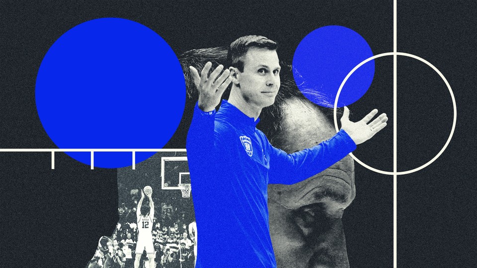 photo illustration of Jon Scheyer with Mike Krzyzewski in the background
