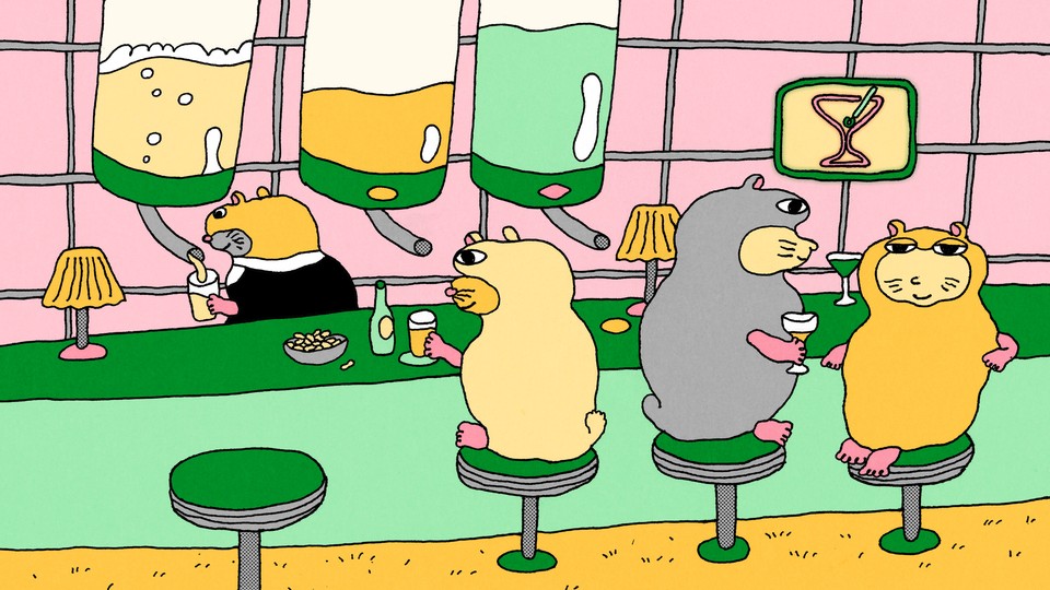 Three hamsters sitting at a bar