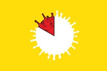 an illustration of a white coronavirus particle, with one triangular slice that is red, against a yellow background