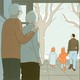 An illustration of an old couple watching a young man with his two kids walk away.