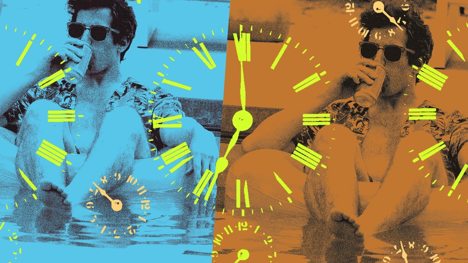 A still of Andy Samberg from the movie "Palm Springs" is covered in images of clocks