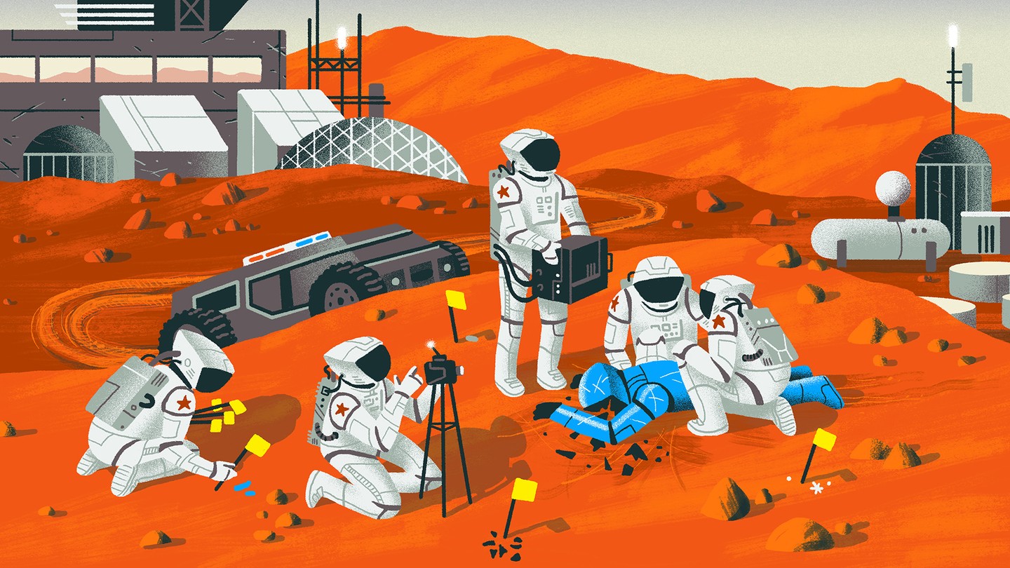 Officers in space suits surround a crime scene on an illustrated Mars