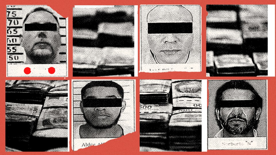 Collage with photos of cartel members’ mugshots and stacks of cash