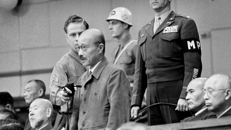 Japanese General Hideki Tojo pleads not guilty during a war-crimes trial in Tokyo in 1948.