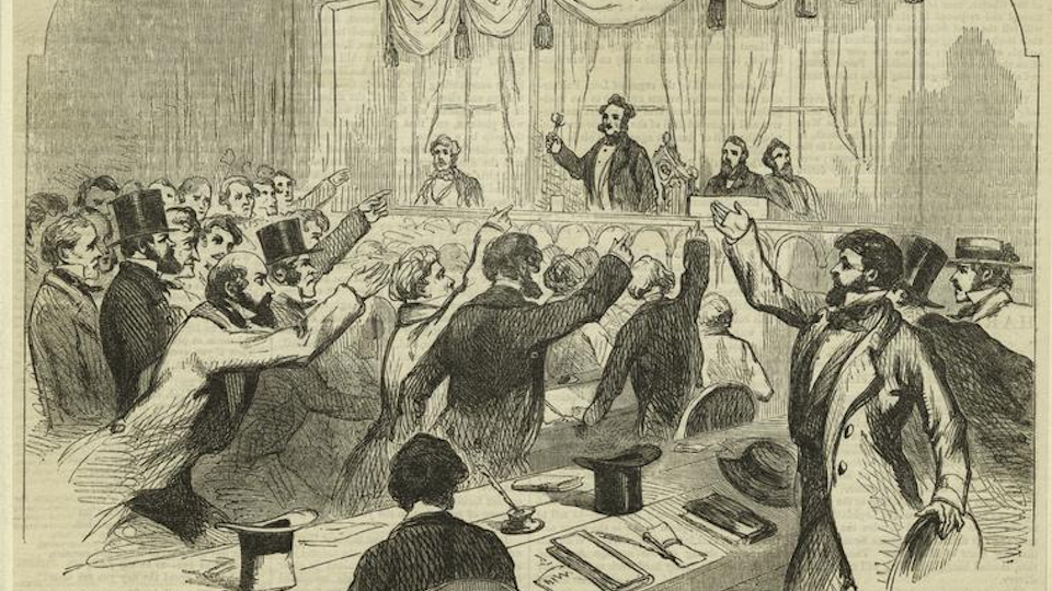 An illustration of men in mid-19th-century dress raising their hands toward a person holding a gavel