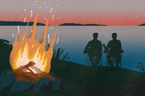 An illustration of a campfire, in the background, the silhouettes of two men sit in camping chairs looking at a sunset over a lake