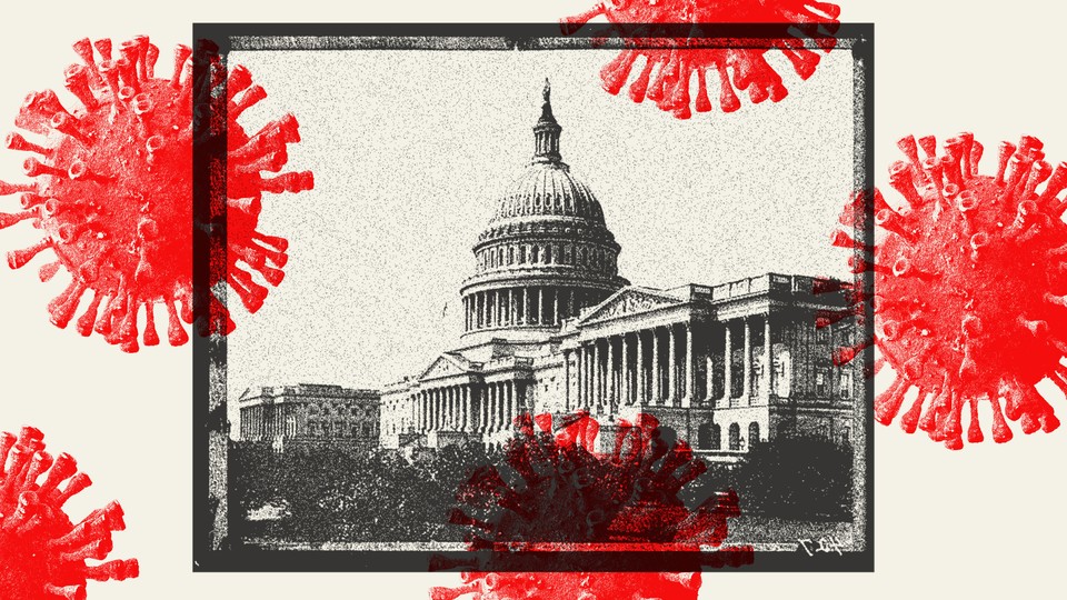 A photo illustration of an old-timey photo of the Capitol framed in a photo frame surrounded by red floating coronavirus particles.