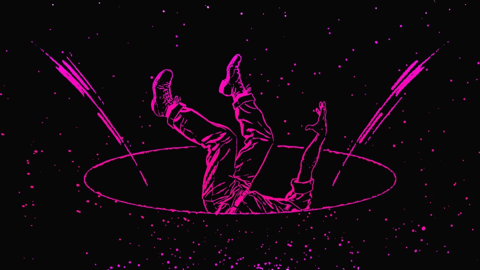 An illustration of a person, drawn as a pink silhouette, falling head-first into a black hole