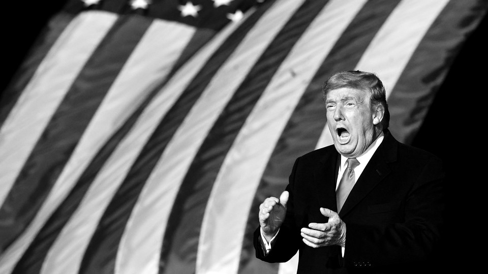 A black-and-white image of former President Donald Trump
