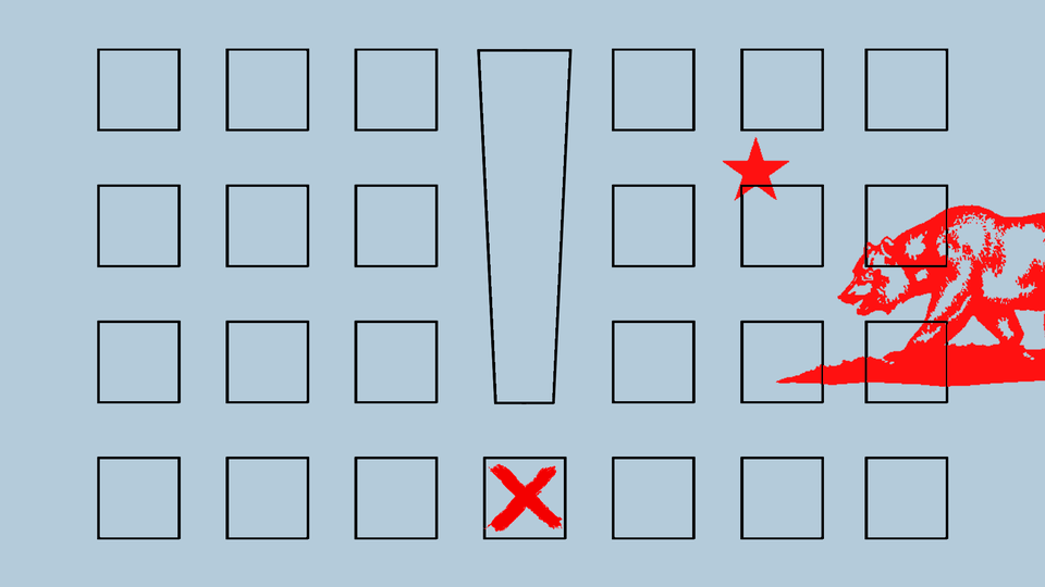 An illustration of a ballot overlaid on the California flag and an exclamation mark