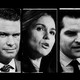 A triptych of black-and-white photos of Pete Hegseth, Tulsi Gabbard, and Matt Gaetz, cropped from the collar up