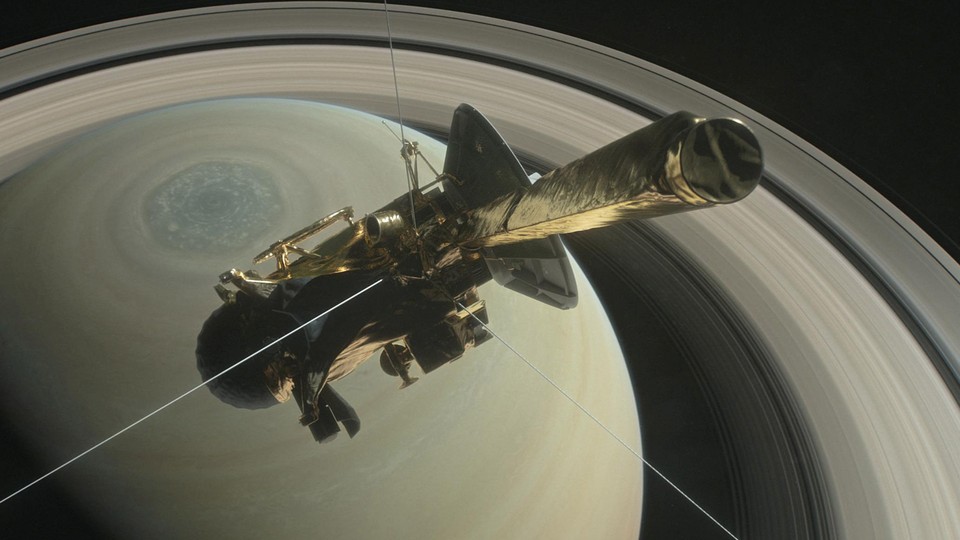 Cassini is pictured above Saturn's northern hemisphere.
